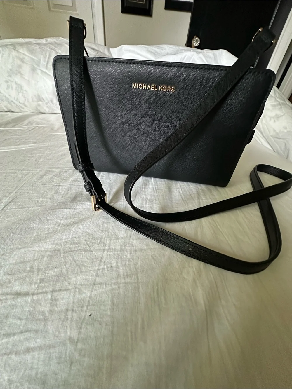Michael Kors Black Saffiano Leather Crossbody with Gold Logo